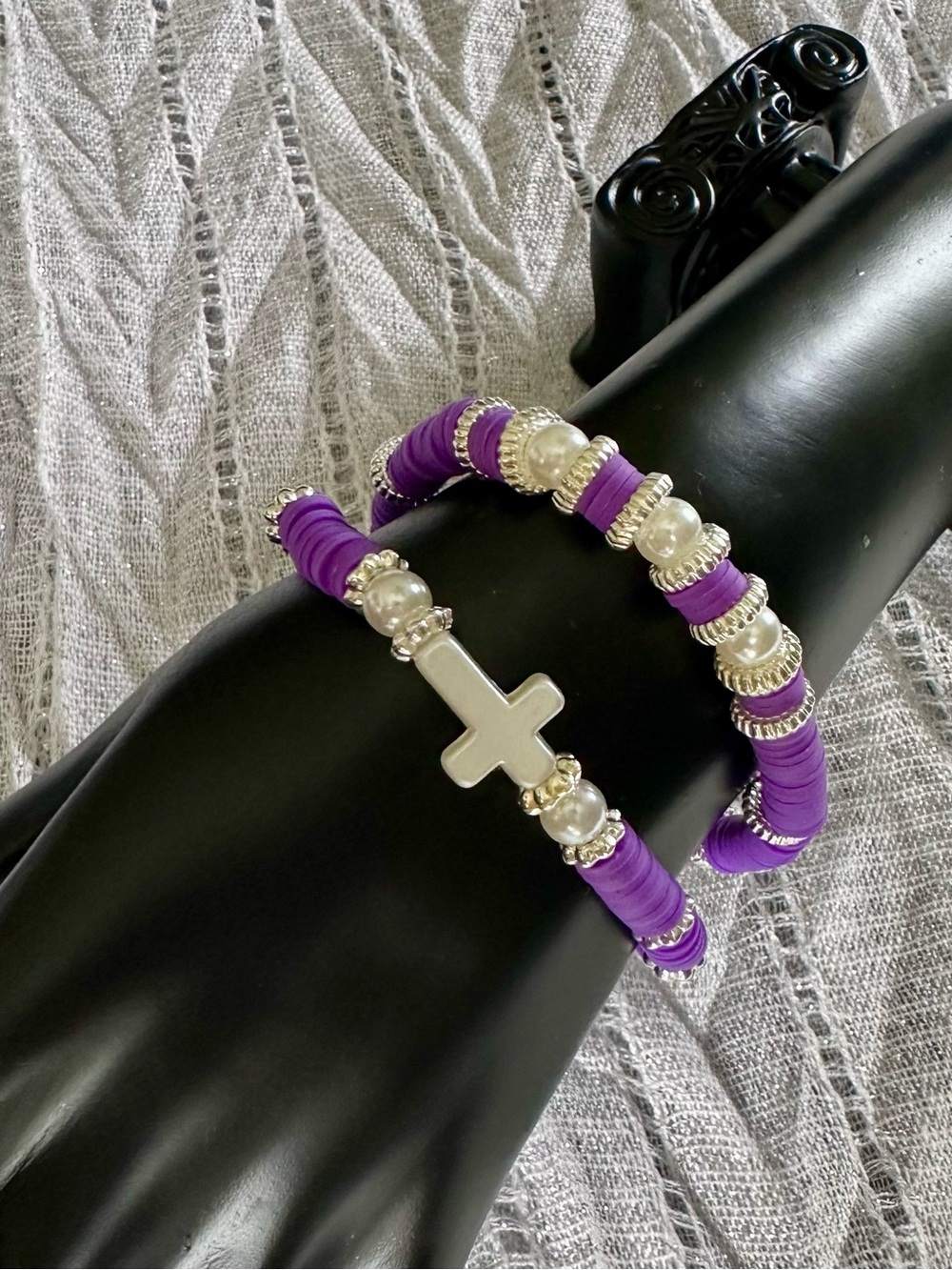 Purple beads & Pearls & Cross Handmade Stretch Bracelets with Silver Accents